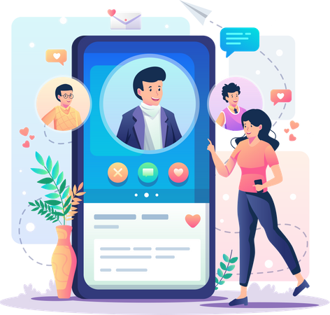 Mädchen sucht Partner über Online-Dating-App  Illustration
