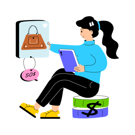 Mädchen sucht Produkt-Shopping-App  Illustration