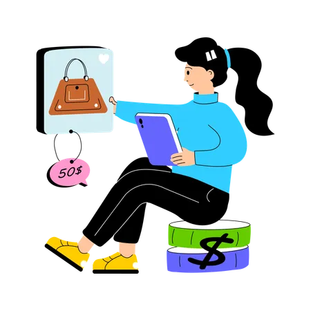 Mädchen sucht Produkt-Shopping-App  Illustration