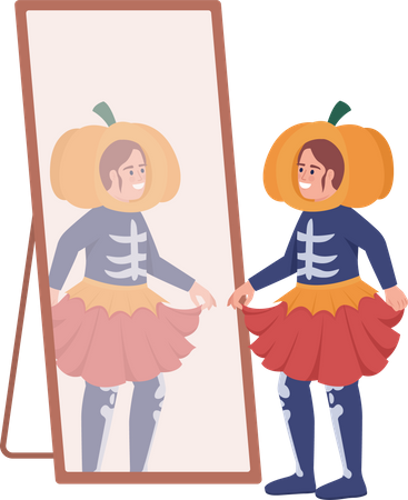 Mädchen im Halloweenkostüm schaut in den Spiegel  Illustration