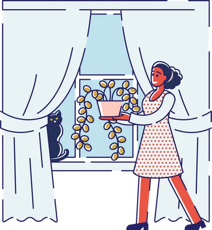 Mädchen trägt Pflanze zur Dekoration zu Hause  Illustration