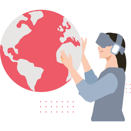 Mädchen mit VR-Brille schaut auf den Planeten  Illustration