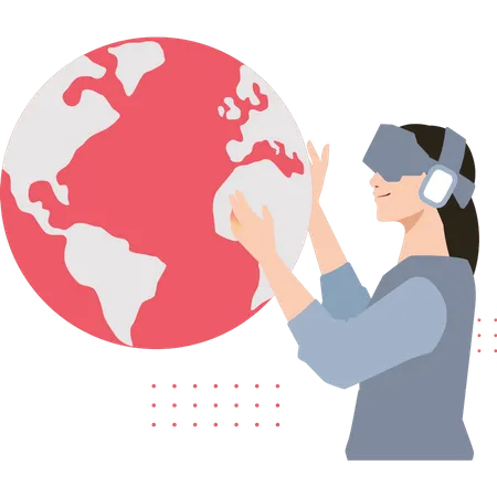 Mädchen mit VR-Brille schaut auf den Planeten  Illustration