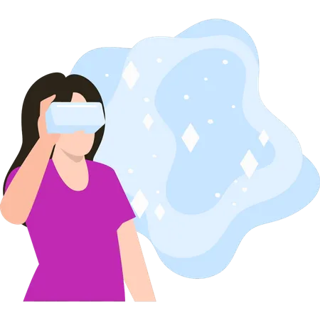 Mädchen trägt VR-Brille und schaut in den Weltraum  Illustration