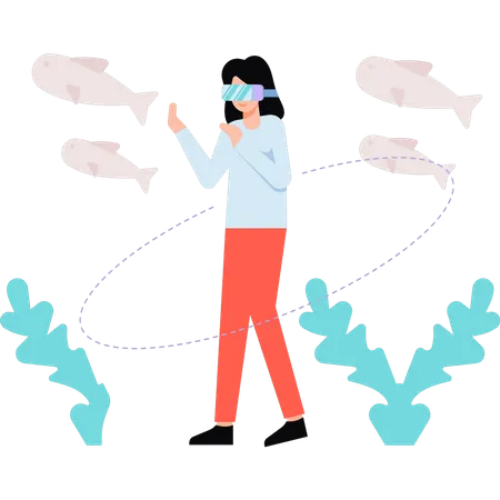 Mädchen mit VR-Brille schaut unter Wasser  Illustration