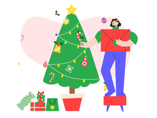 Mädchen im Weihnachtskostüm schmücken Weihnachtsbaum  Illustration