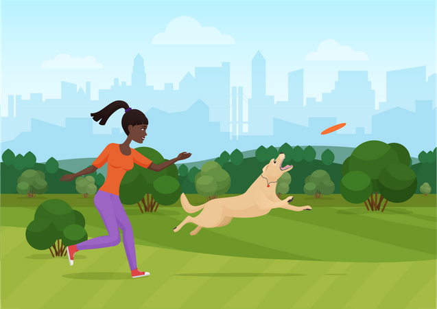 Mädchen trainiert Hund mit fliegender Schüssel  Illustration