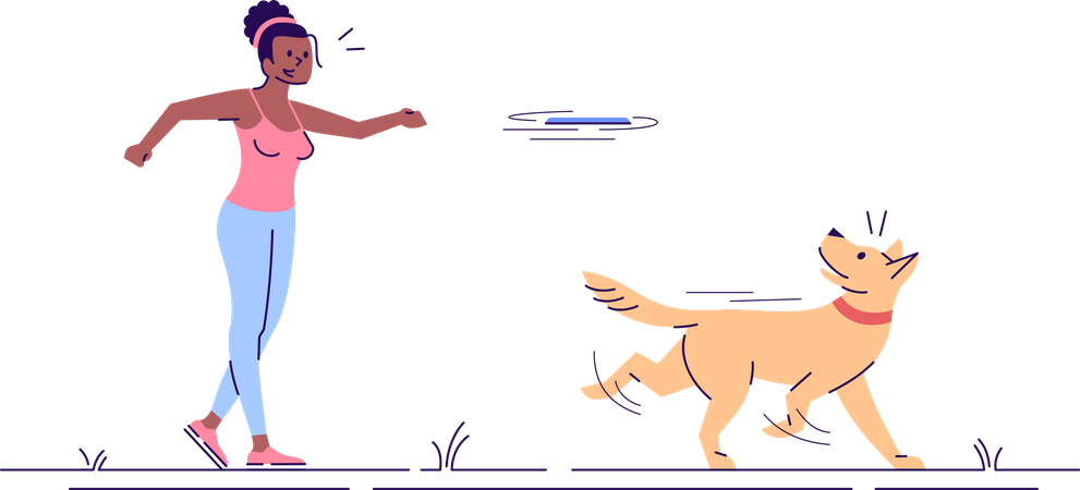 Mädchen trainiert Hund mit fliegender Schüssel  Illustration