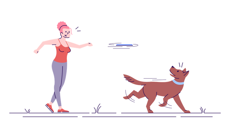 Mädchen trainiert Hund mit fliegender Schüssel  Illustration