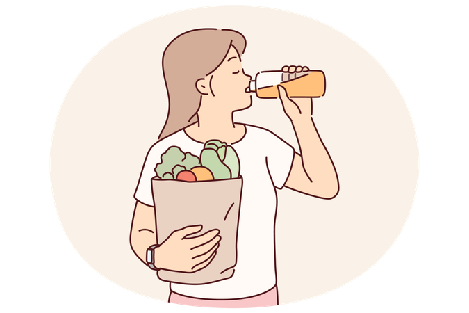 Mädchen trinkt frisch gepressten Saft und hält eine Tüte voller Gemüse vom Bauernmarkt  Illustration