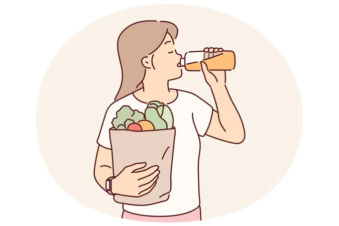 Mädchen trinkt frisch gepressten Saft und hält eine Tüte voller Gemüse vom Bauernmarkt  Illustration