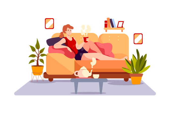 Mädchen trinkt Kaffee und entspannt auf dem Sofa  Illustration
