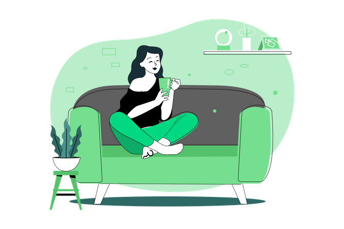 Mädchen trinkt Kaffee und entspannt auf dem Sofa  Illustration