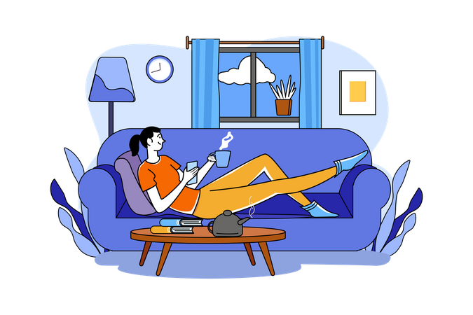 Mädchen trinkt Kaffee und entspannt auf dem Sofa  Illustration