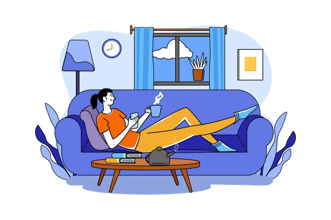 Mädchen trinkt Kaffee und entspannt auf dem Sofa  Illustration