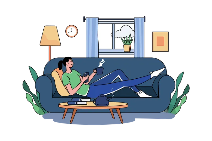 Mädchen trinkt Kaffee und entspannt auf dem Sofa  Illustration