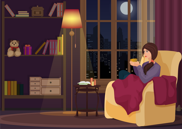 Mädchen trinkt Kaffee beim Sitzen auf dem Sofa  Illustration