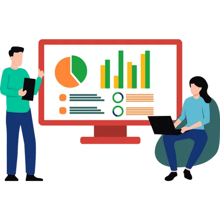 Mädchen und Junge arbeiten an Datenanalyse  Illustration