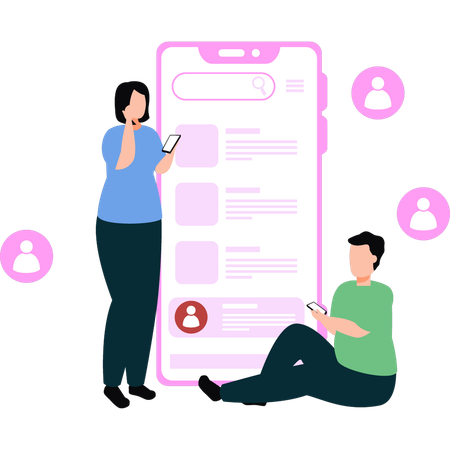 Mädchen und Junge benutzen Mobiltelefone  Illustration