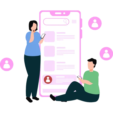 Mädchen und Junge benutzen Mobiltelefone  Illustration