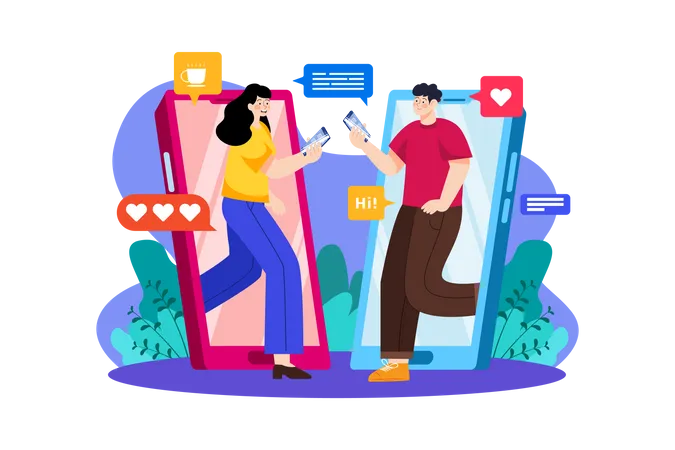 Mädchen und Junge chatten über die App  Illustration