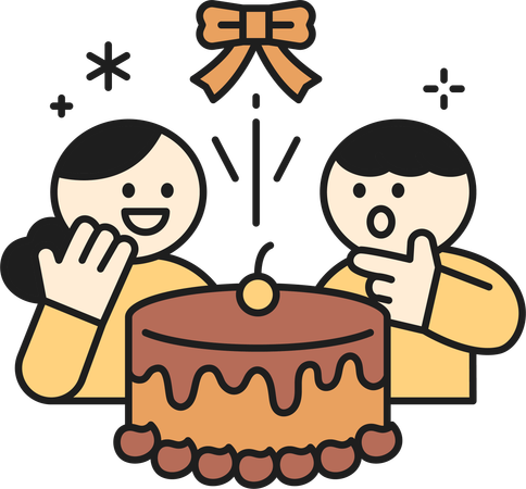 Mädchen und Junge freuen sich über Schokoladenkuchen  Illustration