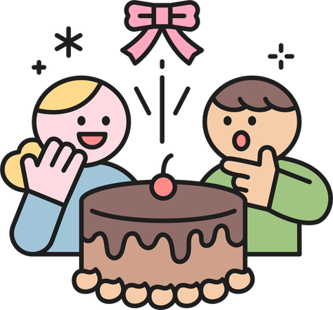 Mädchen und Junge freuen sich über Schokoladenkuchen  Illustration