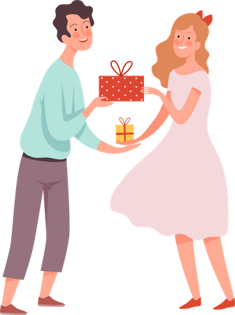 Mädchen und Junge schenken sich gegenseitig Geschenke  Illustration