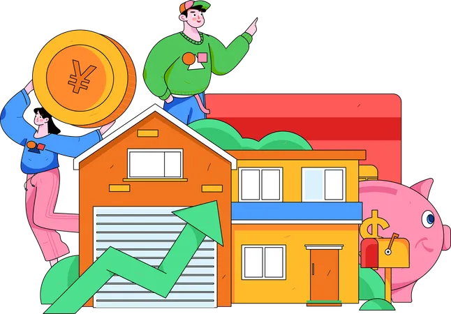 Mädchen und Junge investieren Geld in Immobilien  Illustration