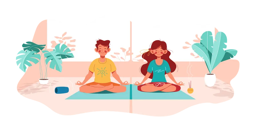 Mädchen und Junge machen Yoga im Lotussitz  Illustration