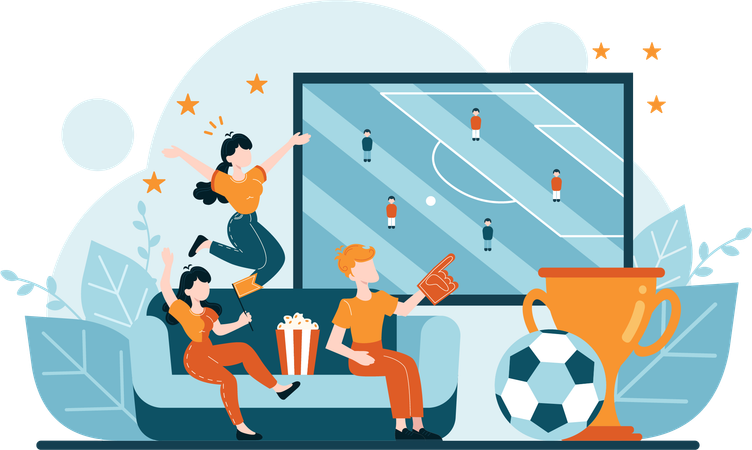 Mädchen und Jungen schauen sich Fußballspiel an  Illustration