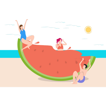 Mädchen und Jungen sitzen am Strand und genießen Wassermelone  Illustration