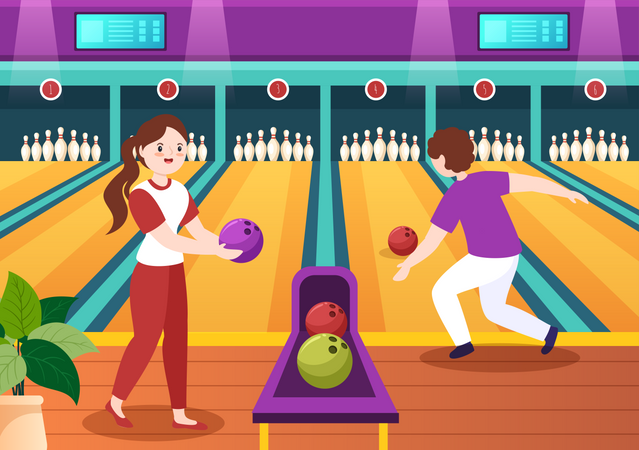 Mädchen und Jungen spielen Bowling  Illustration
