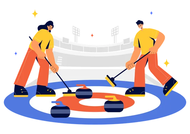 Mädchen und Junge spielen Curling  Illustration