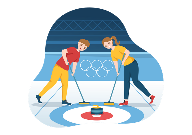 Mädchen und Junge spielen Curling  Illustration