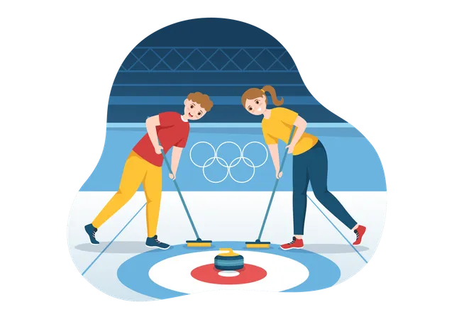 Mädchen und Junge spielen Curling  Illustration