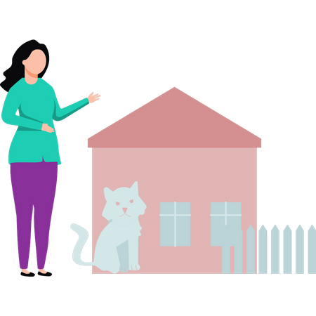 Mädchen und Katze stehen vor dem Haus  Illustration