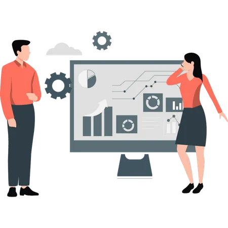 Mädchen und Mann analysieren Geschäftsdiagramm  Illustration