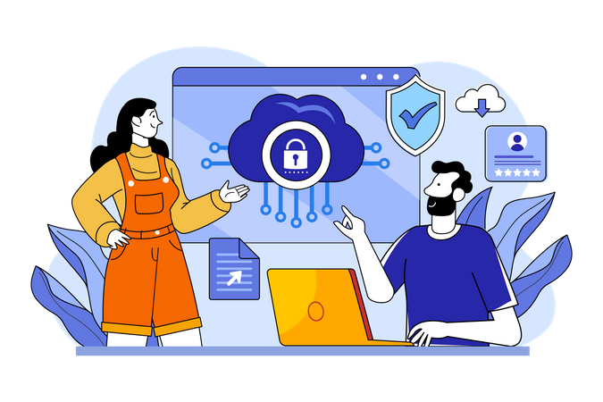 Mädchen und Mann arbeiten am Datenschutz in der Cloud  Illustration
