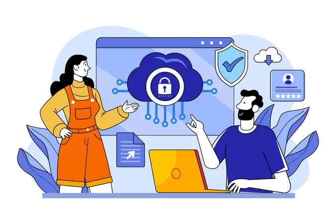 Mädchen und Mann arbeiten am Datenschutz in der Cloud  Illustration
