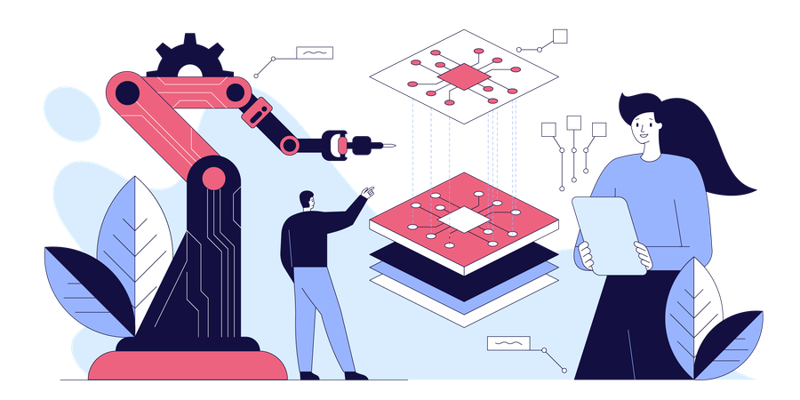 Mädchen und Mann arbeiten an Industriearm  Illustration