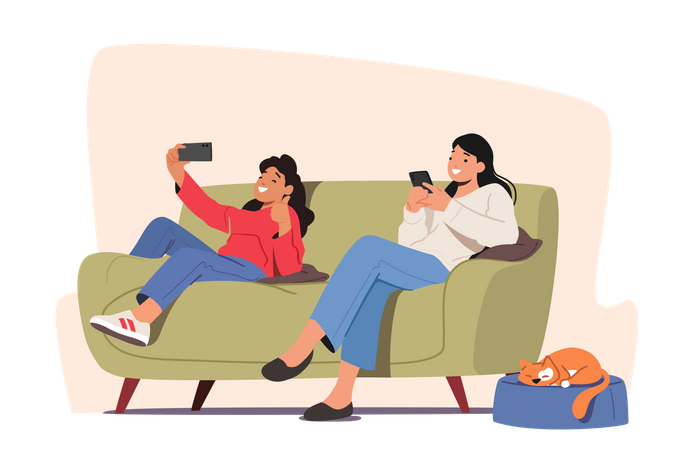 Mädchen und Mutter chatten online mit Smartphones  Illustration