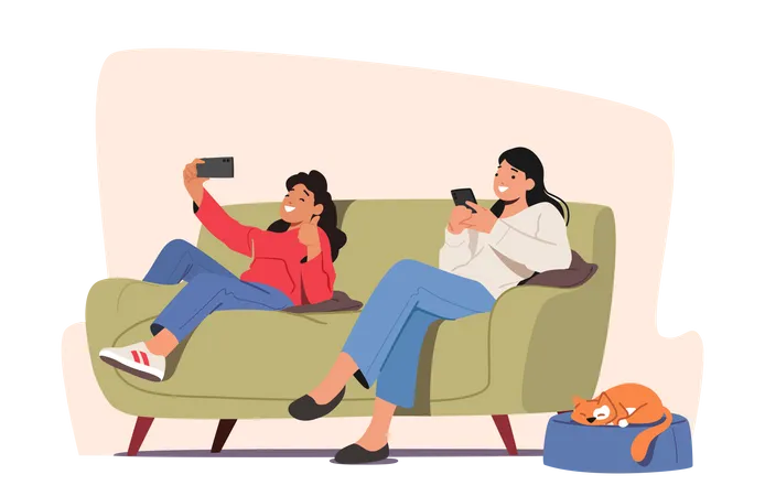 Mädchen und Mutter chatten online mit Smartphones  Illustration