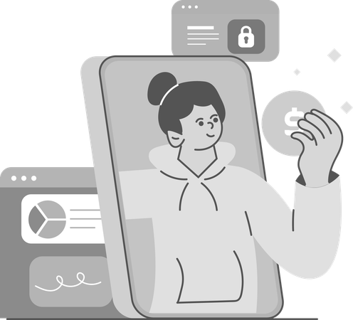 Mädchen verdient online Geld, während sie Analysen durchführt  Illustration
