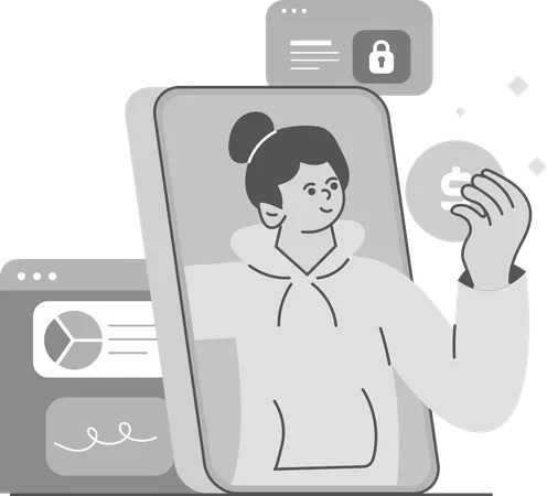 Mädchen verdient online Geld, während sie Analysen durchführt  Illustration