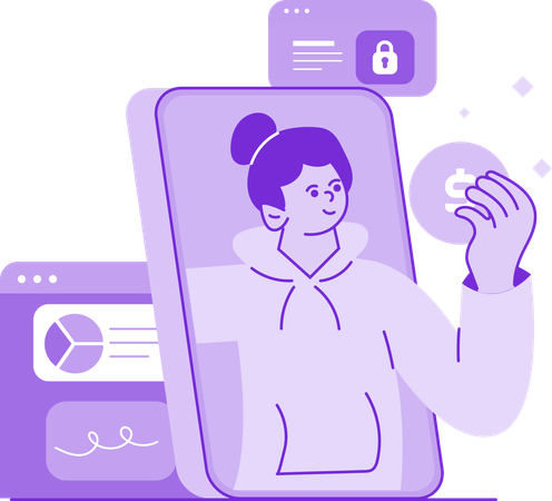 Mädchen verdient online Geld, während sie Analysen durchführt  Illustration
