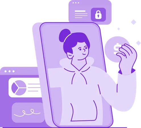 Mädchen verdient online Geld, während sie Analysen durchführt  Illustration