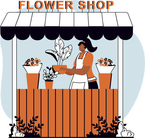 Mädchen verkauft Pflanze im Blumenladen  Illustration