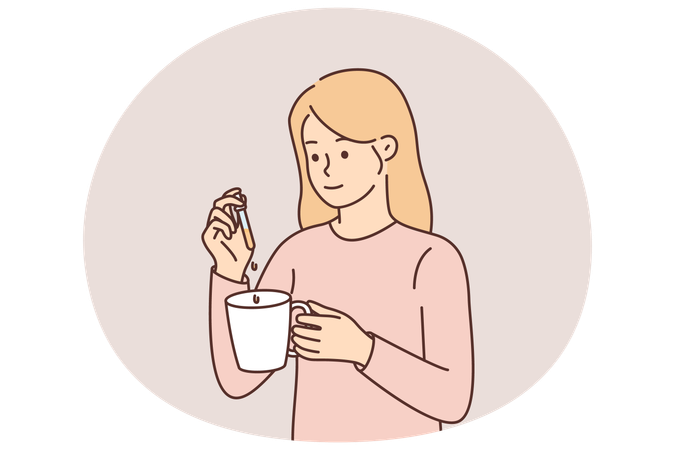 Mädchen verwendet Cannabisöl-Pipette, um Pflanzensubstanz in Tasse zu geben, um psychische Erkrankungen zu behandeln  Illustration