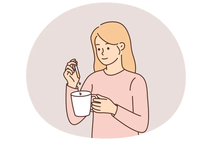 Mädchen verwendet Cannabisöl-Pipette, um Pflanzensubstanz in Tasse zu geben, um psychische Erkrankungen zu behandeln  Illustration
